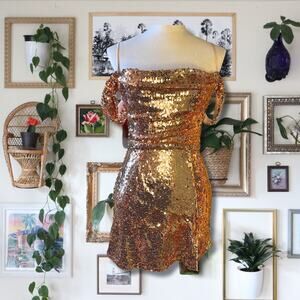 Blue Rain Rose Gold Sequin Off the Shoulder Cocktail Dress Size Extra Small
